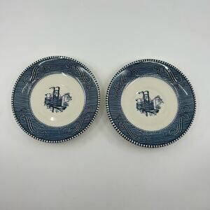 Currier & Ives Blue Transferware 5.5" Plate Saucer Set Of 2 Steamboat Americana
